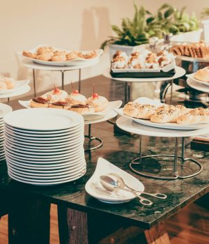 Selective focus point on Catering buffet in hotel restaurant - Vintage filter effect